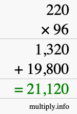 How to calculate 220 times 96 using long multiplication How to calculate 220 times 96 using long multiplication