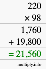 How to calculate 220 times 98 using long multiplication