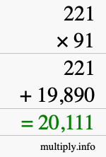How to calculate 221 times 91 using long multiplication