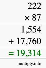 How to calculate 222 times 87 using long multiplication