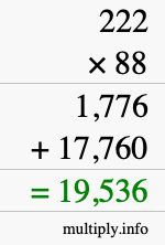 How to calculate 222 times 88 using long multiplication