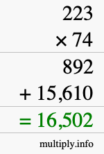 How to calculate 223 times 74 using long multiplication