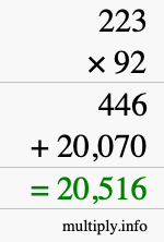 How to calculate 223 times 92 using long multiplication