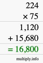 How to calculate 224 times 75 using long multiplication