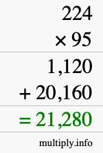 How to calculate 224 times 95 using long multiplication