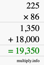 How to calculate 225 times 86 using long multiplication How to calculate 225 times 86 using long multiplication