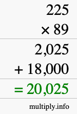 How to calculate 225 times 89 using long multiplication