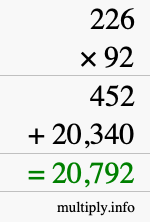 How to calculate 226 times 92 using long multiplication