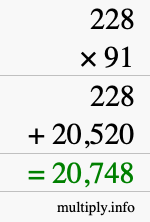 How to calculate 228 times 91 using long multiplication