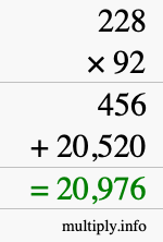 How to calculate 228 times 92 using long multiplication