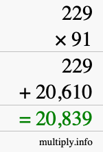 How to calculate 229 times 91 using long multiplication