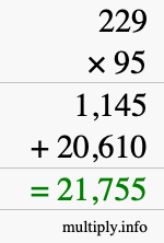 How to calculate 229 times 95 using long multiplication