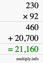 How to calculate 230 times 92 using long multiplication