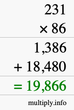 How to calculate 231 times 86 using long multiplication
