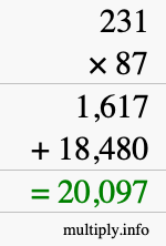 How to calculate 231 times 87 using long multiplication
