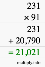 How to calculate 231 times 91 using long multiplication