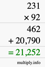 How to calculate 231 times 92 using long multiplication