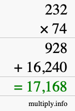 How to calculate 232 times 74 using long multiplication