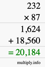 How to calculate 232 times 87 using long multiplication