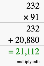How to calculate 232 times 91 using long multiplication