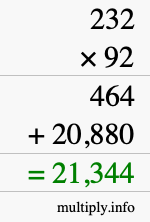 How to calculate 232 times 92 using long multiplication