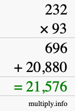 How to calculate 232 times 93 using long multiplication