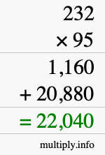 How to calculate 232 times 95 using long multiplication