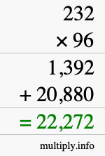 How to calculate 232 times 96 using long multiplication How to calculate 232 times 96 using long multiplication