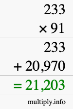How to calculate 233 times 91 using long multiplication
