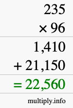 How to calculate 235 times 96 using long multiplication
