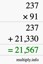 How to calculate 237 times 91 using long multiplication
