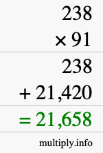 How to calculate 238 times 91 using long multiplication