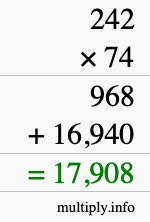 How to calculate 242 times 74 using long multiplication