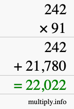 How to calculate 242 times 91 using long multiplication