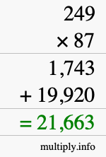 How to calculate 249 times 87 using long multiplication