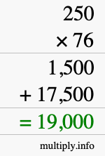 How to calculate 250 times 76 using long multiplication