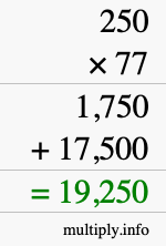 How to calculate 250 times 77 using long multiplication
