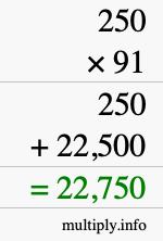 How to calculate 250 times 91 using long multiplication