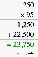 How to calculate 250 times 95 using long multiplication