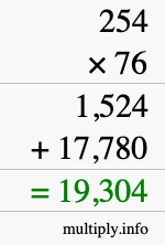 How to calculate 254 times 76 using long multiplication