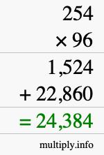 How to calculate 254 times 96 using long multiplication