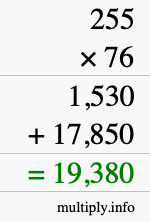 How to calculate 255 times 76 using long multiplication