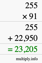 How to calculate 255 times 91 using long multiplication