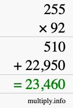 How to calculate 255 times 92 using long multiplication