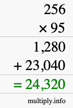 How to calculate 256 times 95 using long multiplication