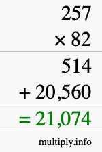 How to calculate 257 times 82 using long multiplication