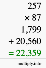 How to calculate 257 times 87 using long multiplication