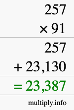 How to calculate 257 times 91 using long multiplication