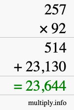How to calculate 257 times 92 using long multiplication