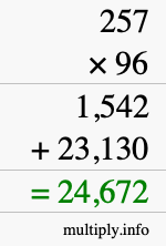 How to calculate 257 times 96 using long multiplication